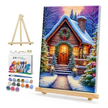 Imagem de HeeBenor Kit de pintura de Natal emoldurada por números para adultos iniciantes, pintura de casa por número com cavalete, kits de pintura para adultos de Natal DIY por números em tela emoldurada 20 x