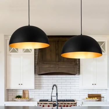 Imagem de Iluminação pendente industrial para ilha de cozinha, luminárias pendentes de cúpula de metal preto e dourado de 40,6 cm, luz de teto hemisférica suspensa base E26 para leitura, sala de jantar, hall de