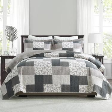 Imagem de PERHOM Conjunto de edredom king size, 3 peças, 100% algodão, acolchoado, com 2 fronhas, estampa botânica xadrez de fazenda, colcha reversível leve, carvão/cáqui/bege