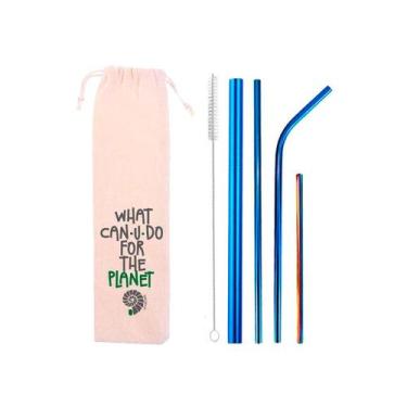 Imagem de Kit 6 em 1 4 canudos de inox shake 8mm Escova Ecobag What Sustentável 