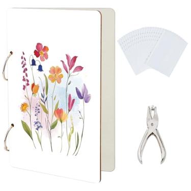 Imagem de SUPERDANT Organizador de cartões de flores em aquarela rústico com flores silvestres para guardar cartões de aniversário, fichário de madeira, álbum de fotos, capa com 2 argolas, com perfurador e 20