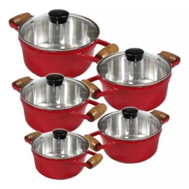 Imagem de Jogo de Panelas Fundidas Cava 5 Peças Tampas de Vidro, Vermelho