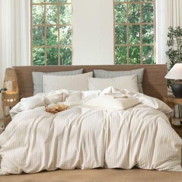 Imagem de MooMee Conjunto de capa de edredom listrado 100% algodão lavado como linho texturizado respirável durável macio confortável (listras clássicas cinza leite amêndoa, Super King Plus 304.8 cm x 304.8 cm)