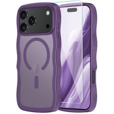Imagem de SunStory Capa compatível com iPhone 17 Pro Max com protetor de tela HD, [compatível com MagSafe] Capa de celular fosca translúcida ondulada fofa para iPhone 17 Pro Max, roxa