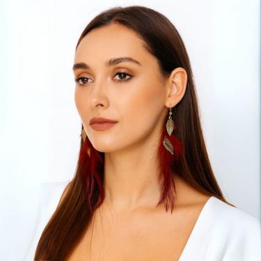 Imagem de Brinco de Pressão com Penas Vermelhas Folhas Douradas Luxo