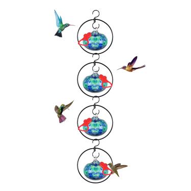 Imagem de Headak Life Pacote com 4 alimentadores circulares de beija-flor flexíveis para pendurar ao ar livre à prova de formigas e abelhas, alimentador de beija-flor de vidro soprado à mão com 4 poleiros de