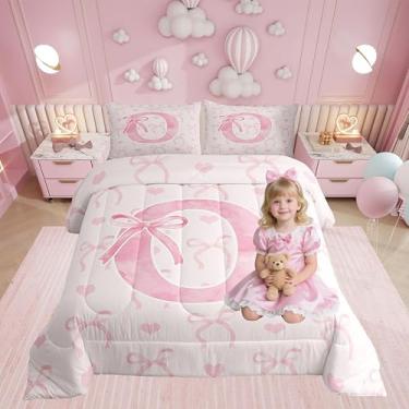 Imagem de Erosebridal Conjunto de cama solteiro com laço de borboleta rosa, para mulheres, adolescentes, alfabeto, geométrico, coração, coração, princesa, sonhador, decoração de quarto, edredom macio