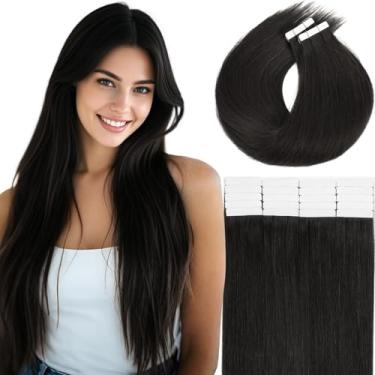 Imagem de Loxxy Extensões de cabelo humano com fita preta natural de 61 cm, fita adesiva para mulheres, longa e reta, cabelo Remy #1B, 20 peças, 50 g