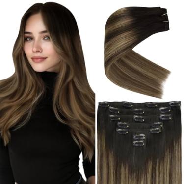 Imagem de Ve Sunny Extensões de cabelo com clipe em extensões de cabelo preto ombré, prendedor de cabelo humano preto balayage marrom com caramelo loiro em extensões para mulheres 35,5 cm 100 g
