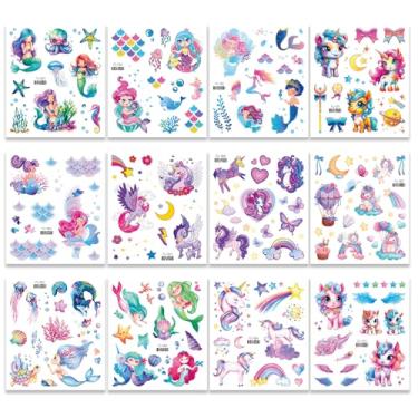 Imagem de Tatuagens temporárias de unicórnio com glitter para meninas - 12 folhas, mais de 120 estilos, unicórnio sereia, glitter, tatuagem falsa para crianças, meninas, artigos de festa de aniversário