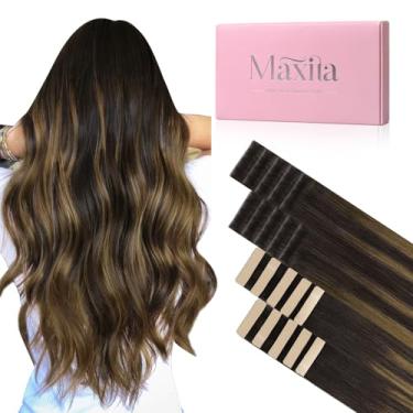 Imagem de MAXITA Extensões de cabelo humano Invisi Edge Tape, 40 cm, 50 g, marrom-escuro a marrom castanho, 10 peças de injeção e 10 fitas clássicas, fitas invisíveis retas injetadas