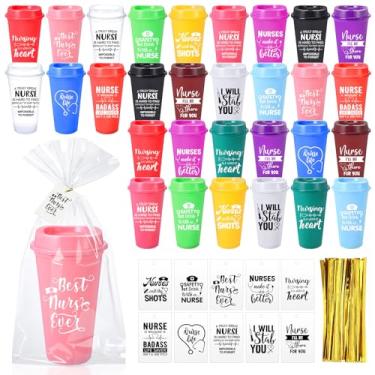 Imagem de Jinei Pacote com 30 Presentes de agradecimento de enfermeira 473 ml Copos de café de plástico com tampa e canudo copo reutilizável com cartão e saco de opp presentes de agradecimento a granel para