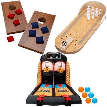 Imagem de Liliful 4 conjuntos de jogos de mesa arcade basquete mini jogo de boliche portátil mini buraco de mesa conjunto de 2 tábuas de madeira revestidas com 4 sacos vermelhos 4 azuis presentes divertidos de mesa para crianças adultos