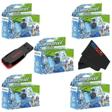 Imagem de Fujifilm Câmera QuickSnap impermeável de 35 mm de uso único com pen drive USB de 32 GB Sandisk e pano de limpeza de microfibra PixiBytes... (5 câmeras + USB)