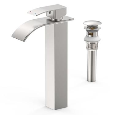 Imagem de RUACQ Torneira de pia de vaso, torneiras de banheiro com cascata alta para 1 ou 3 furos, alça única com torneira de banheiro de aço inoxidável 304 com deck, ralo pop-up e mangueiras de suprimento