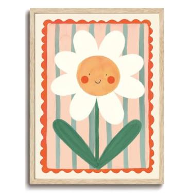 Imagem de KISSFOX Linda arte de parede em tela de margarida sorridente caprichosa floral carvalho madeira emoldurada arte de parede imagens de flores coloridas decoração de parede sol arco-íris impressões de