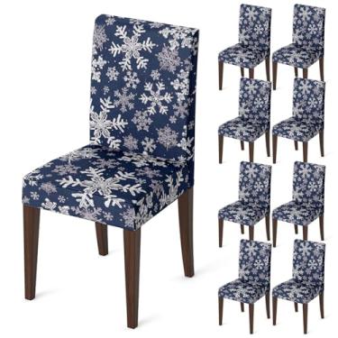 Imagem de Horaldaily 8 peças de capas de cadeira azul para jantar de Natal, boneco simples com bastão de neve, elástico, removível, lavável, protetor de cadeira para sala de jantar, decoração de casa
