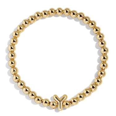 Imagem de BaubleBar Pulseira personalizada inicial Pisa, contas modernas banhadas a ouro, joias modernas, pulseira popular com letras iniciais, ajuste elástico para crianças e adultos, One Size, Latão, Sem