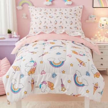 Imagem de Mooreeke Jogo de cama infantil de 4 peças – Conjunto de edredom macio de unicórnio arco-íris para meninas, inclui edredom acolchoado, lençol de cima, lençol com elástico e fronha, cama em uma bolsa