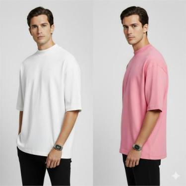 Imagem de Kit 2 Camiseta Oversized Camisa Masculina Gola Alta Lisa Basic Streetw