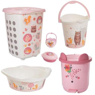 Imagem de Kit cesto de roupa de bebê decorada plasutil 6 peças + bacia + lixeira