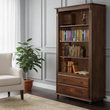 Imagem de Estante para Livros de Madeira 3 Prateleiras 2 Gavetas Pés Torneados 2