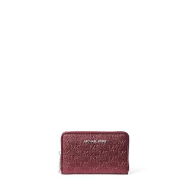 Imagem de Michael Kors Estojo para cartão Jet Set pequeno com zíper, ferragens prateadas/glitter em relevo MK/Oxblood