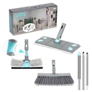 Imagem de Conjunto de vassoura e esfregão removível 3 em 1 para limpeza de casa, vassoura dobrável e esfregão para acampamento de trailer, casa, dormitório, mastro de extensão, rodo de janela, cinza