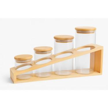 Imagem de Jogo Porta Condimentos 5 Peças Vidro Borossilicato com Tampa de Bambu e Suporte Inclinado – 350ml a 850ml