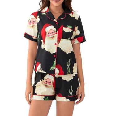 Imagem de Conjunto de pijamas Luckinbaby para mulheres, seda acetinada, Natal, P