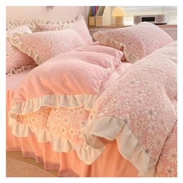Imagem de Capa de colcha de renda espessa para meninas, lençol de flanela, veludo coral leite, quatro peças, inverno (lençol de cama rosa de 1,5 m)
