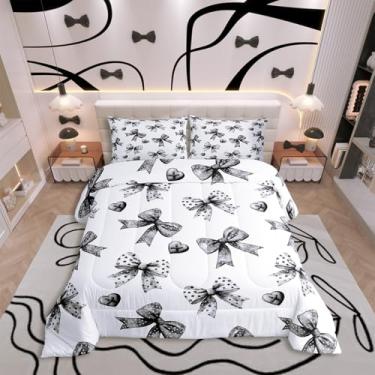 Imagem de Erosebridal Jogo de cama com laço de desenho animado fofo de princesa, para crianças, homens e mulheres, fita preta e branca e pontos, edredom com laço de sonho, enchimento completo com 2 fronhas