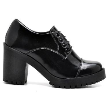Imagem de Sapato Feminino Estilo Oxford Verniz Preto Salto Médio Tratorado Confo