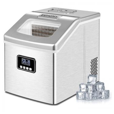 Imagem de Máquina de Gelo até 18 kg em 24H Portátil com Autolimpeza Automática, Colher e Cesta de Gelo, 110V, EUHOMY, Prata