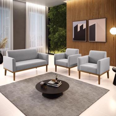 Imagem de Conjunto 2 Poltronas e 1 Namoradeira Decorativa Isabella Pés Fixo em Madeira Castanho Suede Cinza G19 - Gran Belo