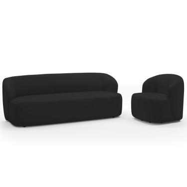 Imagem de Sofá 3 Lugares 205cm Com Poltrona Giratória Orgânica Heidy F04 Veludo Preto - Lyam Decor