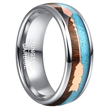 Imagem de Vakki Anel de tungstênio com flecha de ouro rosa para homens Koa Wood e turquesa incrustado 8 mm prata aliança de casamento tamanho 7-12, 10, Carboneto de tungstênio, madeira