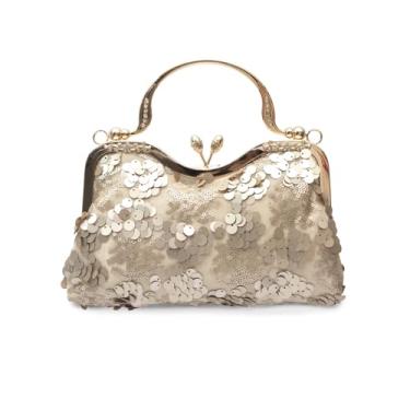 Imagem de CORIOS Bolsa feminina vintage de 1920 para noite de veludo, bolsa clutch com lantejoulas brilhantes, bolsa de casamento, Sandy Gold A, Large