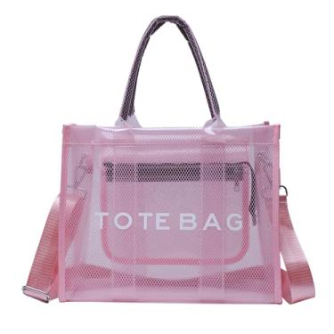 Imagem de WREWING Sacola transparente para mulheres, bolsa de praia de malha grande, bolsa transversal transparente de PVC com zíper, bolsa de estádio para esportes de viagem, rosa
