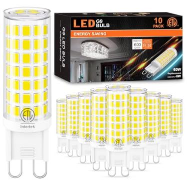 Imagem de Pacote com 10 lâmpadas de LED G9 6W (substituição de halogênio 60W) lâmpadas de lustre T4 luz do dia 6000K, Hansnag G9 Bi Pin base cerâmica 600LM, AC120V 360° ângulo de feixe para iluminação doméstica, não regulável