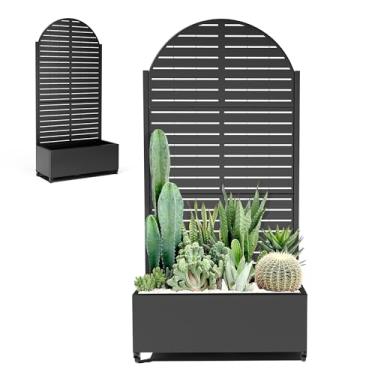 Imagem de Treliça de metal com caixa de plantador para plantas trepadeiras, canteiros de jardim elevados com tela de privacidade e rodas, caixa de flores em pé com orifícios de drenagem (89 cm C, arco preto)