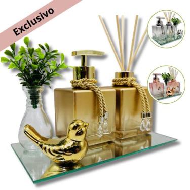 Imagem de Kit Lavabo Luxo Banheiro Com Bandeja Espelhada Difusor e Saboneteira C