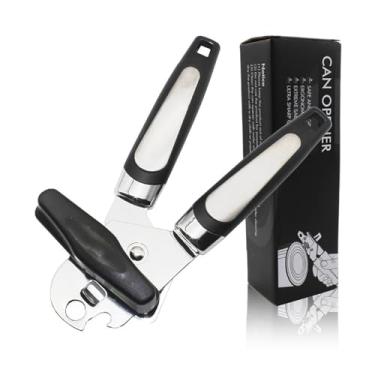 Imagem de Abridor de latas de aço inoxidável resistente para cozinha com abridor de garrafas, manual à prova de ferrugem, abridor de latas, borda lisa e botão de giro fácil, (preto Y8-008)