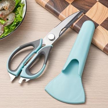 Imagem de Tesouras de cozinha resistentes com suporte magnético, podem ser lavadas na lava-louças, tesouras de aço inoxidável para carne, alimentos, churrasco, pizza e culinária, cortador afiado multiuso para