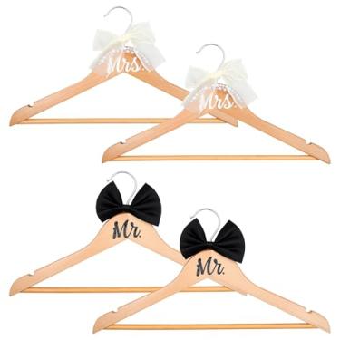 Imagem de KHZSPP 4 cabides de vestido de casamento para noiva, terno de noivo de madeira e cabides antiderrapantes com gravata borboleta, cabides de noiva personalizados para terno de smoking, presente de