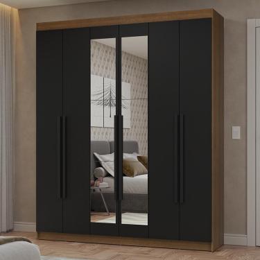 Imagem de Guarda-Roupa Casal 6 Portas Batentes com Espelho Rustic/Preto/Preto Netuno Madesa