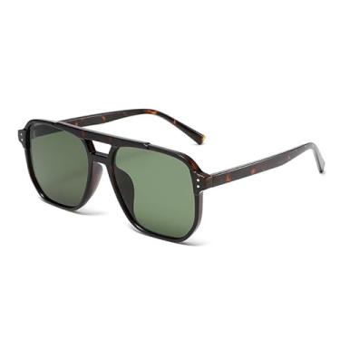 Imagem de Óculos de sol retrô quadrado aviador feminino masculino anos 70 vintage moderno armação de plástico óculos de sol, Estampa de leopardo/verde