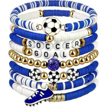 Imagem de KLSKLYL 【Conjunto de 8 peças de pulseiras Super Bowl】 Pulseiras com tema esportivo para dia de jogo – Conjunto de miçangas unissex de futebol, basquete, vôlei e beisebol, One Size, Argila de polímero