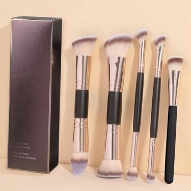 Imagem de Pincéis de maquiagem, 5 peças, conjunto de pincéis de maquiagem de ponta dupla, pincéis de maquiagem sintéticos premium para base em pó, corretivos que misturam sombras, preto