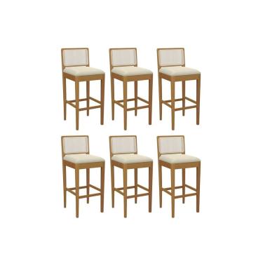 Imagem de Banqueta Sala de Jantar Sara 1BMM005CA Premium Madeira Maciça Kit 6 Un Carvalho/Linho Bege Argila/Tela Bege - Kappesberg